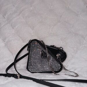 Prada triangular embellished satin and leather mini-pouch